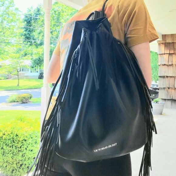 Victoria's Secret Vegan Leather Black Drawstring Fringe Tassel Backpack   NWOT - Picture 12 of 12